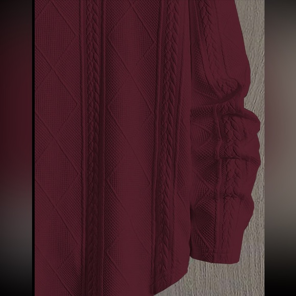 Regular Fit Patched Detail Textured Knit Long Sleeve Round Burgundy Neck Top L - Picture 2 of 14